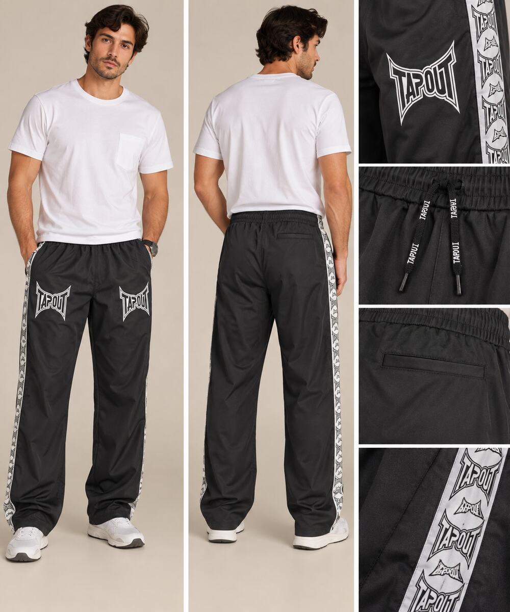 Tapout Mens Black Track Pants Y2K MMA Logo Tape Baggy Wide Leg 34 36 Waist